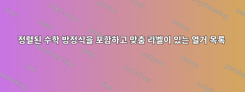 정렬된 수학 방정식을 포함하고 맞춤 라벨이 있는 열거 목록