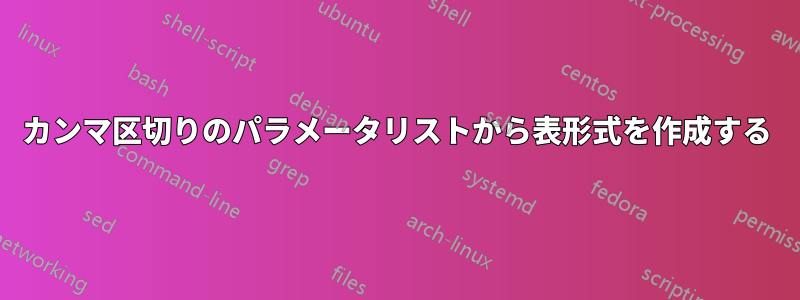 カンマ区切りのパラメータリストから表形式を作成する