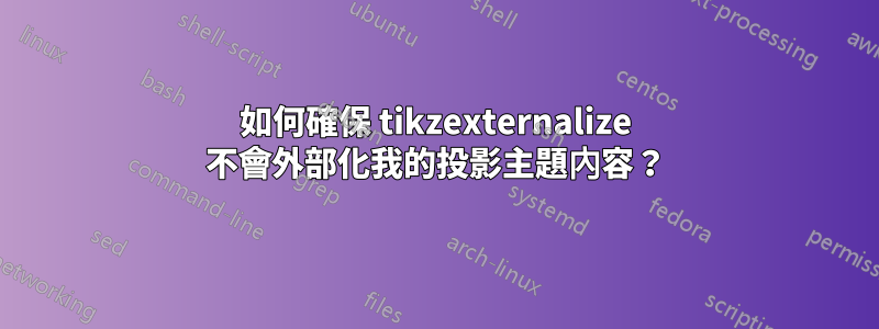 如何確保 tikzexternalize 不會外部化我的投影主題內容?
