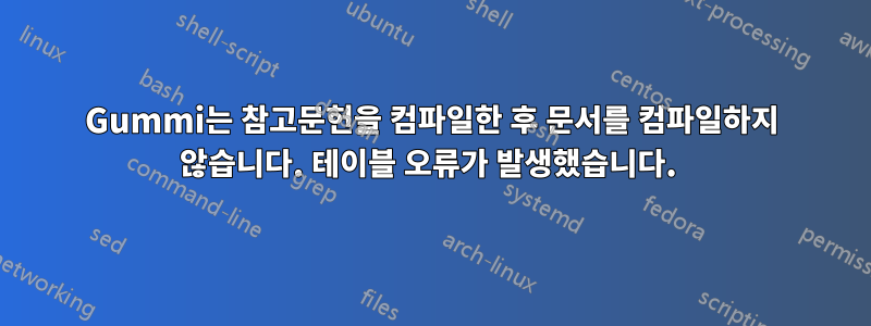 Gummi는 참고문헌을 컴파일한 후 문서를 컴파일하지 않습니다. 테이블 오류가 발생했습니다. 
