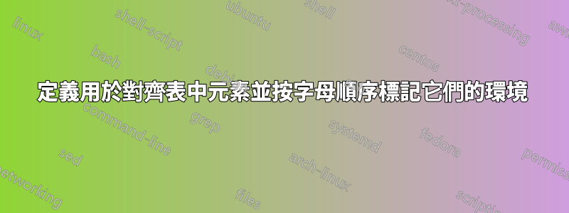 定義用於對齊表中元素並按字母順序標記它們的環境