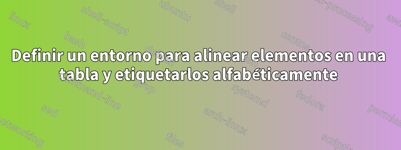Definir un entorno para alinear elementos en una tabla y etiquetarlos alfabéticamente