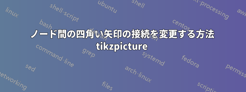 ノード間の四角い矢印の接続を変更する方法 tikzpicture