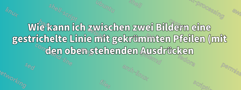 Wie kann ich zwischen zwei Bildern eine gestrichelte Linie mit gekrümmten Pfeilen (mit den oben stehenden Ausdrücken) zeichnen?