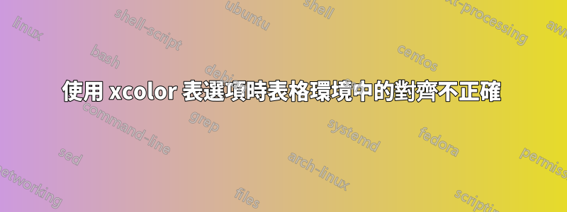 使用 xcolor 表選項時表格環境中的對齊不正確