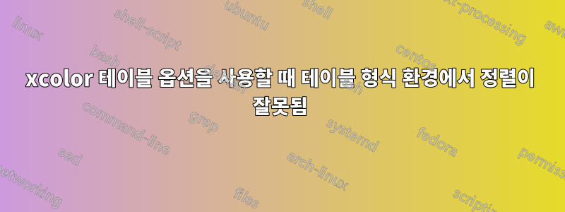 xcolor 테이블 옵션을 사용할 때 테이블 형식 환경에서 정렬이 잘못됨