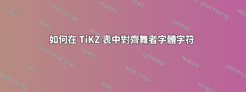 如何在 TiKZ 表中對齊舞者字體字符