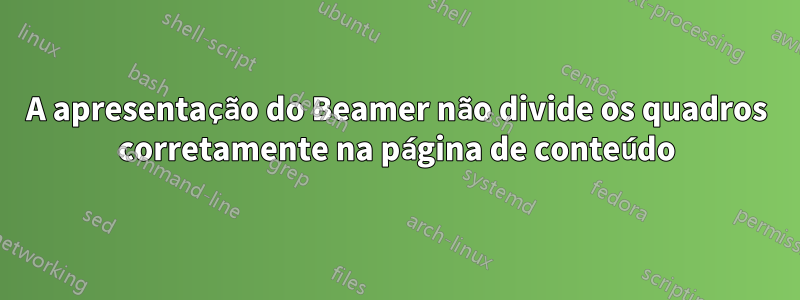 A apresentação do Beamer não divide os quadros corretamente na página de conteúdo