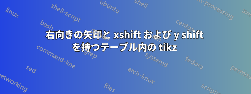右向きの矢印と xshift および y shift を持つテーブル内の tikz