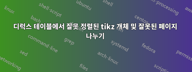 디럭스 테이블에서 잘못 정렬된 tikz 개체 및 잘못된 페이지 나누기