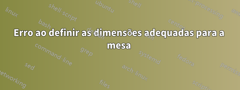 Erro ao definir as dimensões adequadas para a mesa