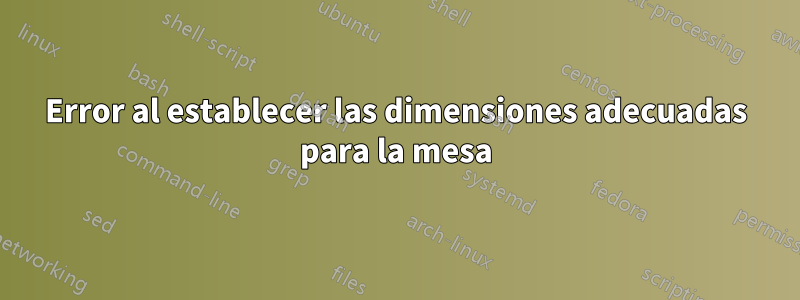 Error al establecer las dimensiones adecuadas para la mesa