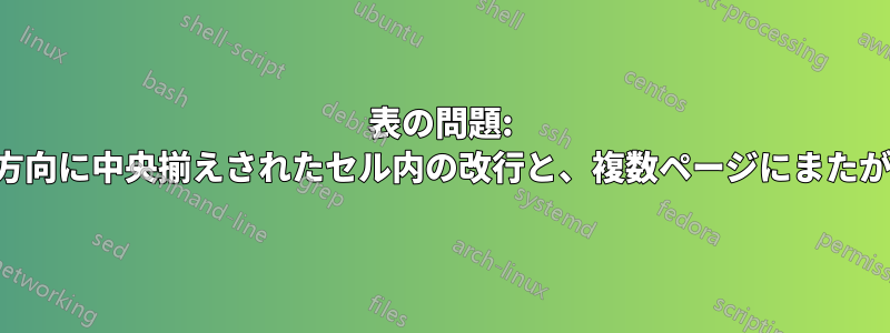 表の問題: 垂直方向に中央揃えされたセル内の改行と、複数ページにまたがる表