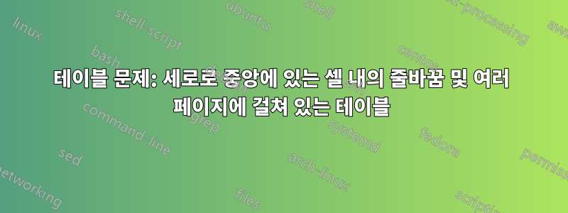 테이블 문제: 세로로 중앙에 있는 셀 내의 줄바꿈 및 여러 페이지에 걸쳐 있는 테이블