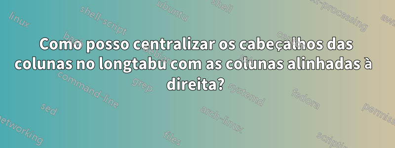 Como posso centralizar os cabeçalhos das colunas no longtabu com as colunas alinhadas à direita?