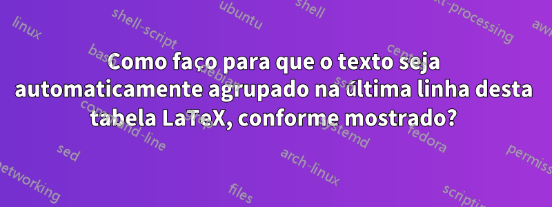 Como faço para que o texto seja automaticamente agrupado na última linha desta tabela LaTeX, conforme mostrado?