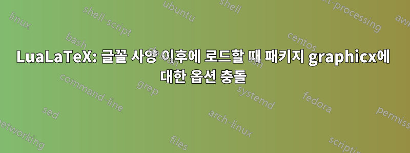 LuaLaTeX: 글꼴 사양 이후에 로드할 때 패키지 graphicx에 대한 옵션 충돌
