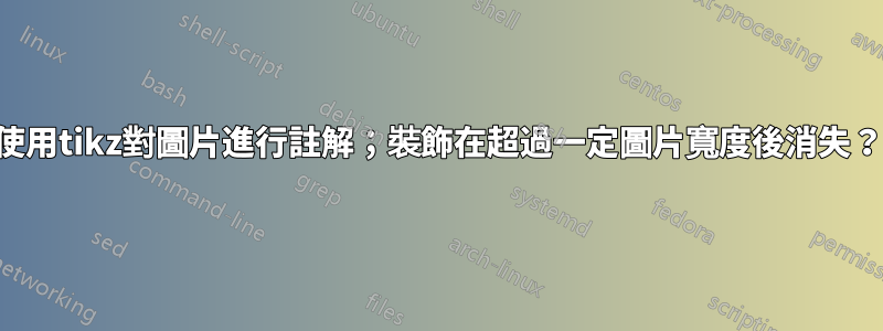 使用tikz對圖片進行註解；裝飾在超過一定圖片寬度後消失？