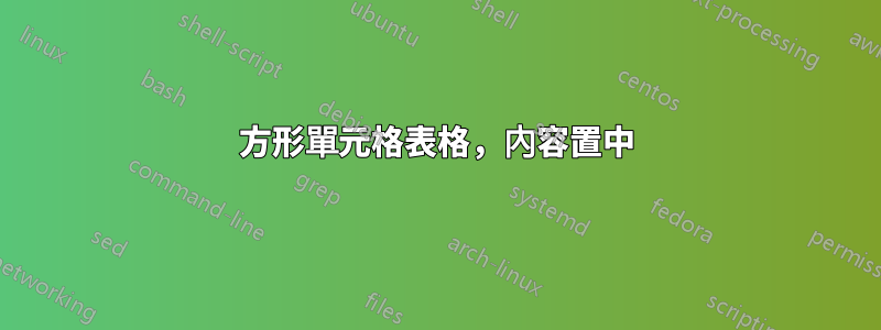 方形單元格表格，內容置中
