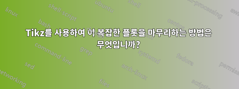 Tikz를 사용하여 이 복잡한 플롯을 마무리하는 방법은 무엇입니까?