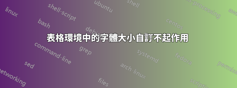 表格環境中的字體大小自訂不起作用