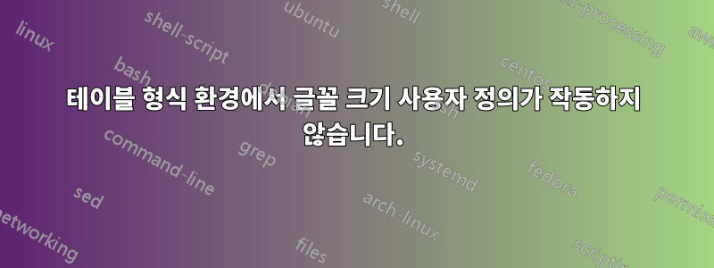 테이블 형식 환경에서 글꼴 크기 사용자 정의가 작동하지 않습니다.