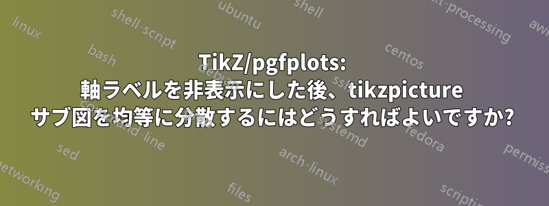 TikZ/pgfplots: 軸ラベルを非表示にした後、tikzpicture サブ図を均等に分散するにはどうすればよいですか?