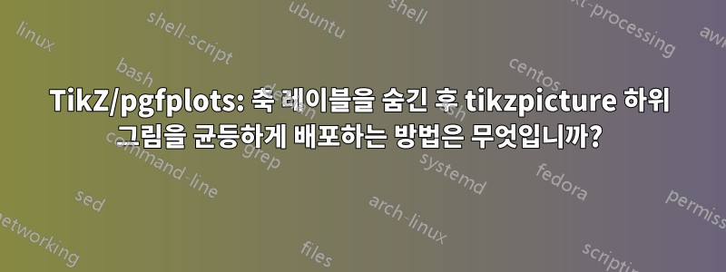 TikZ/pgfplots: 축 레이블을 숨긴 후 tikzpicture 하위 그림을 균등하게 배포하는 방법은 무엇입니까?