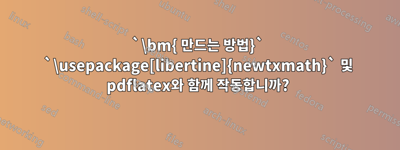 `\bm{ 만드는 방법}` `\usepackage[libertine]{newtxmath}` 및 pdflatex와 함께 작동합니까?