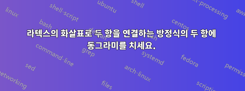 라텍스의 화살표로 두 항을 연결하는 방정식의 두 항에 동그라미를 치세요.