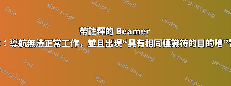 帶註釋的 Beamer 演示：導航無法正常工作，並且出現“具有相同標識符的目的地”警告