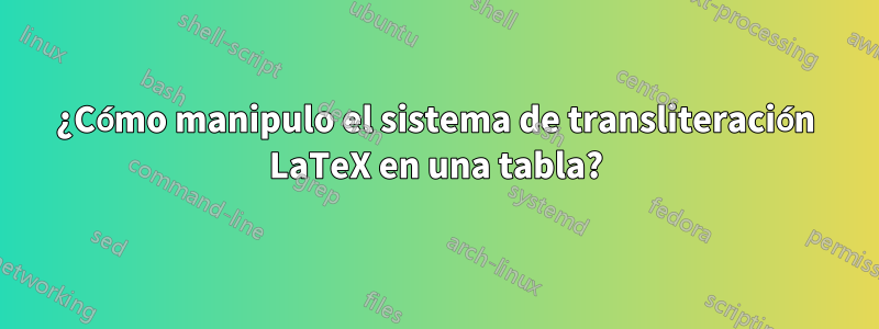 ¿Cómo manipulo el sistema de transliteración LaTeX en una tabla?