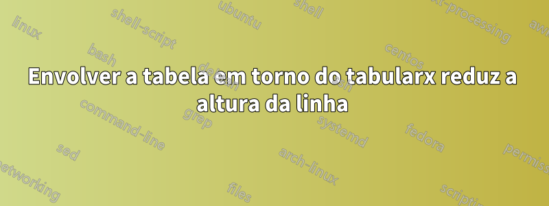 Envolver a tabela em torno do tabularx reduz a altura da linha