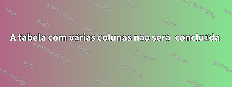 A tabela com várias colunas não será concluída