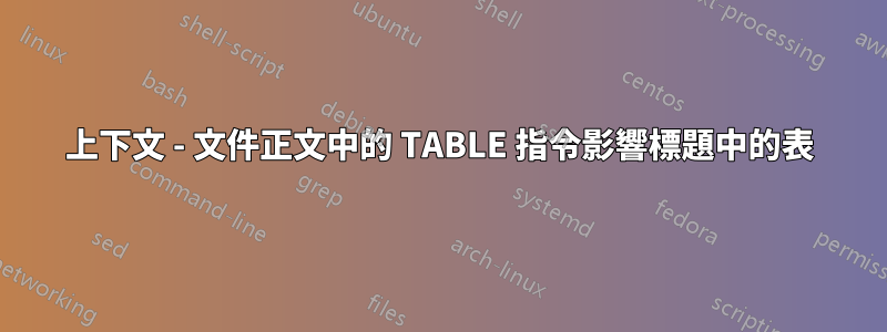 上下文 - 文件正文中的 TABLE 指令影響標題中的表