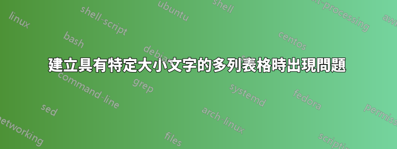 建立具有特定大小文字的多列表格時出現問題