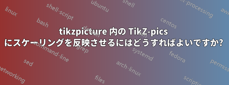 tikzpicture 内の TikZ-pics にスケーリングを反映させるにはどうすればよいですか?