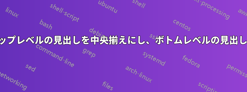 記事クラスでトップレベルの見出しを中央揃えにし、ボトムレベルの見出しを左揃えにする