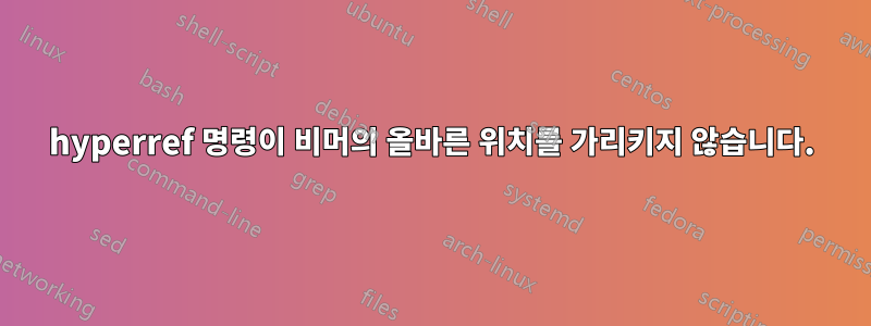 hyperref 명령이 비머의 올바른 위치를 가리키지 않습니다.