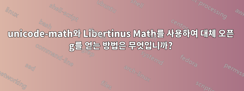 unicode-math와 Libertinus Math를 사용하여 대체 오픈 g를 얻는 방법은 무엇입니까?