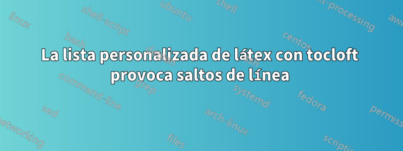 La lista personalizada de látex con tocloft provoca saltos de línea