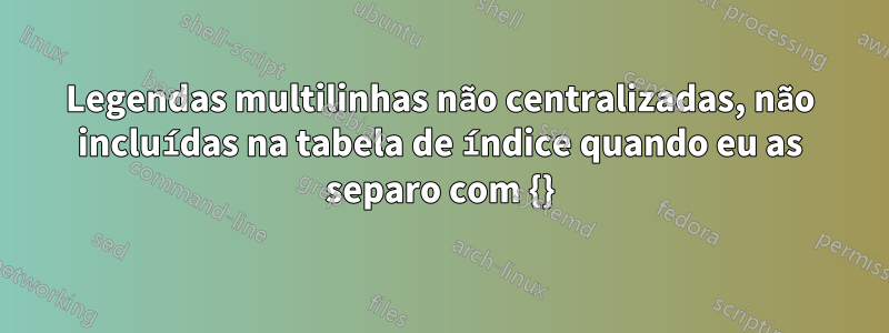 Legendas multilinhas não centralizadas, não incluídas na tabela de índice quando eu as separo com {}