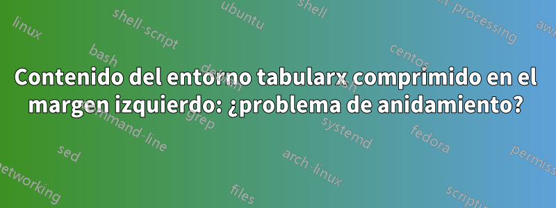 Contenido del entorno tabularx comprimido en el margen izquierdo: ¿problema de anidamiento?