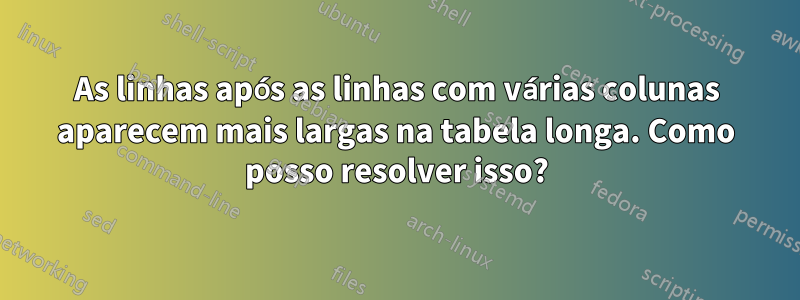 As linhas após as linhas com várias colunas aparecem mais largas na tabela longa. Como posso resolver isso?