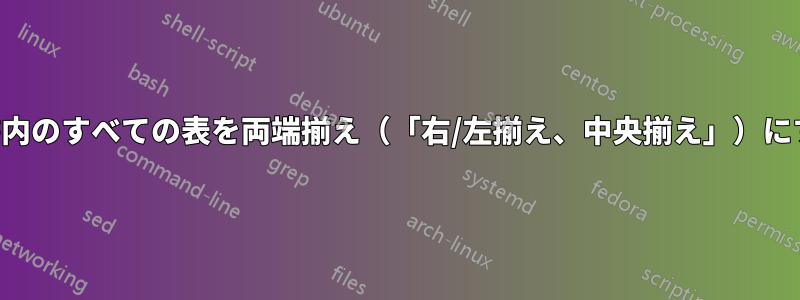 文書内のすべての表を両端揃え（「右/左揃え、中央揃え」）にする