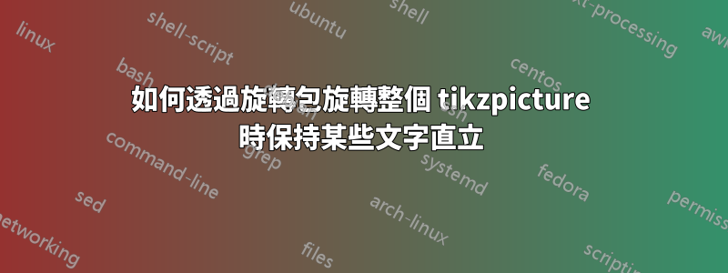 如何透過旋轉包旋轉整個 tikzpicture 時保持某些文字直立