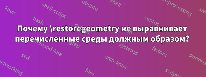 Почему \restoregeometry не выравнивает перечисленные среды должным образом?