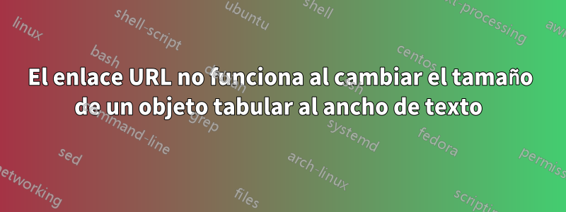 El enlace URL no funciona al cambiar el tamaño de un objeto tabular al ancho de texto 