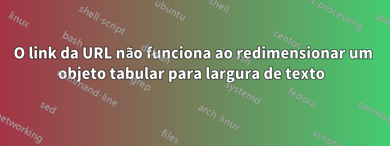 O link da URL não funciona ao redimensionar um objeto tabular para largura de texto 