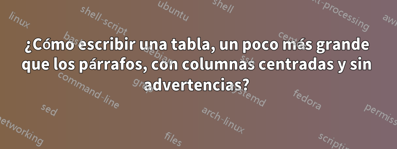 ¿Cómo escribir una tabla, un poco más grande que los párrafos, con columnas centradas y sin advertencias?